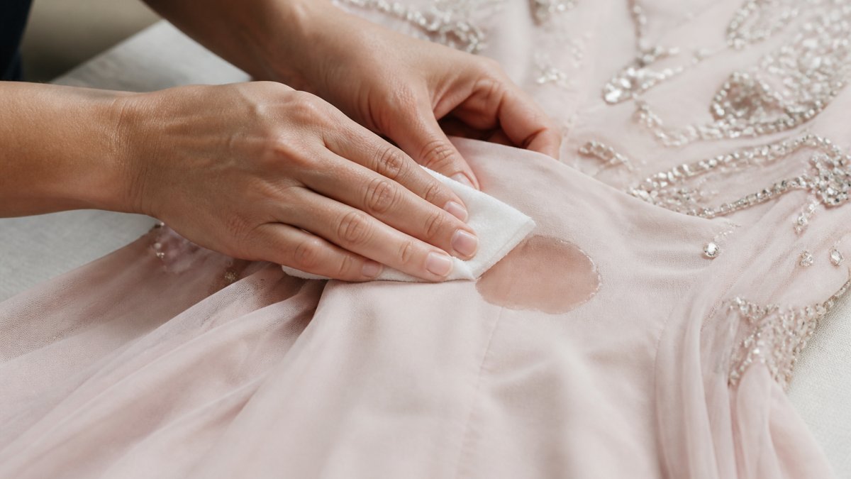 Close-up of hands gently blotting a fresh spill on a formal dress with a white cloth, showing proper blotting technique without rubbing