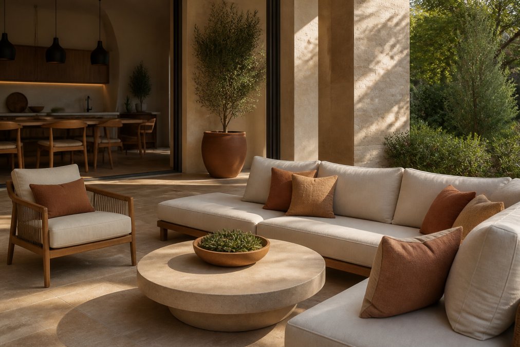 An elegant outdoor lounge area with coordinated neutral and warm earth tones, showing how interior colour schemes extend seamlessly to exterior furnishings and architectural elements, with soft afternoon light casting long shadows across stone flooring and upholstered seating