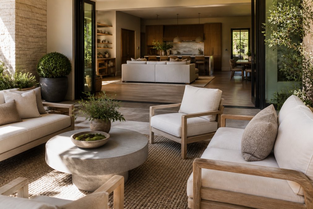 A sophisticated outdoor seating arrangement featuring high-end designer furniture with cohesive styling in neutral tones, demonstrating how premium pieces bridge interior and exterior living spaces, with soft lighting and layered textures creating visual depth