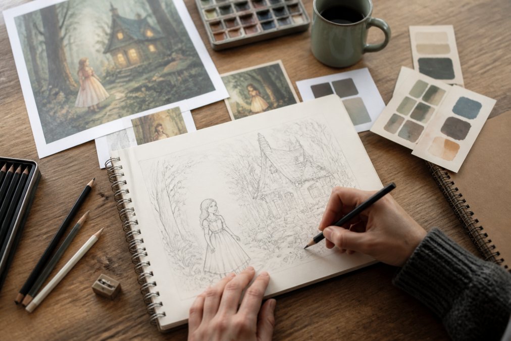 A person's hands sketching a whimsical fairy tale scene in a sketchbook, with reference images and color swatches scattered on a wooden desk