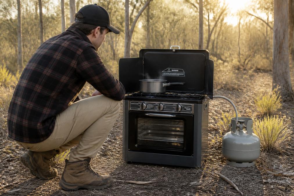 Camper crouching beside a portable LPG camping stove with a folding windshield set up on three sides in an open bush clearing, a pot with steam rising on the burner, late afternoon golden light
