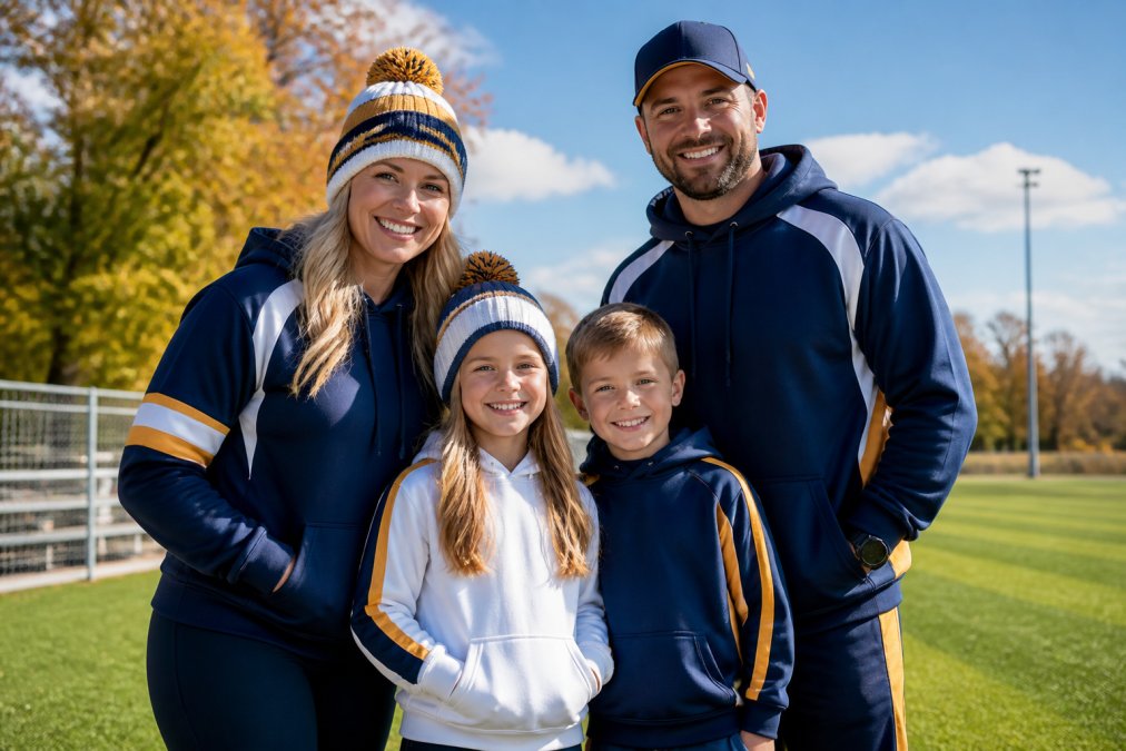 A family of four wearing coordinated activewear in navy, white, and gold tones posing together outdoors on a sunny day, with layered hoodies and complementary accessories visible