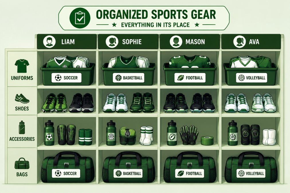 Organized sports equipment bags and gear neatly arranged by child, showing labeled storage with sports uniforms, shoes, and accessories clearly visible on a garage shelf