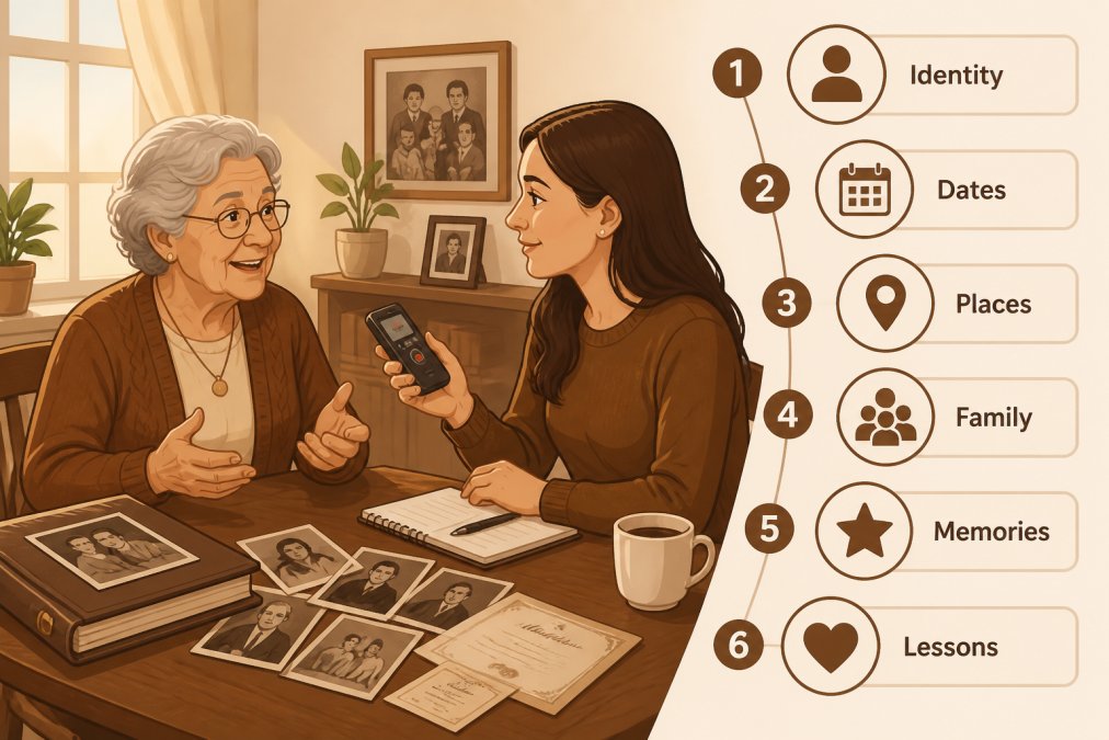 An older family member sharing stories with a younger adult holding a recording device, sitting at a dining table with family photos and documents visible, warm natural lighting from nearby window
