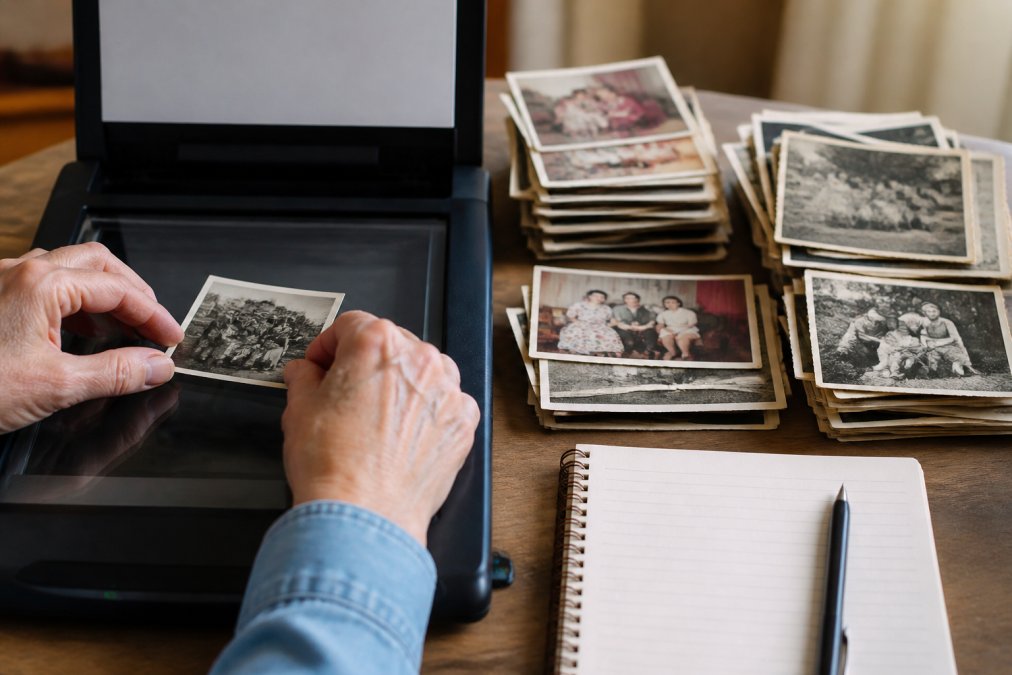Hands carefully scanning vintage family photographs on a flatbed scanner, with organized stacks of old photos nearby and a handwritten notebook for recording details visible