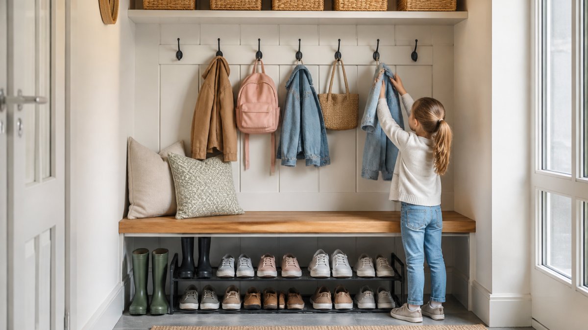 Bright, organised entryway with a natural wood bench against the wall, woven seagrass baskets on open shelving above, metal coat hooks holding jackets and bags, and a low shoe rack with trainers and boots neatly arranged, with a child reaching for a coat
