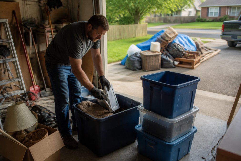 Homeowner sorting through garage items while decluttering before moving with donation piles nearby.