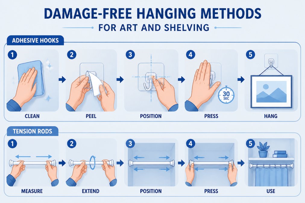 Close-up of hands installing adhesive hooks and tension rods on apartment walls, showing the practical installation process with proper technique and alignment