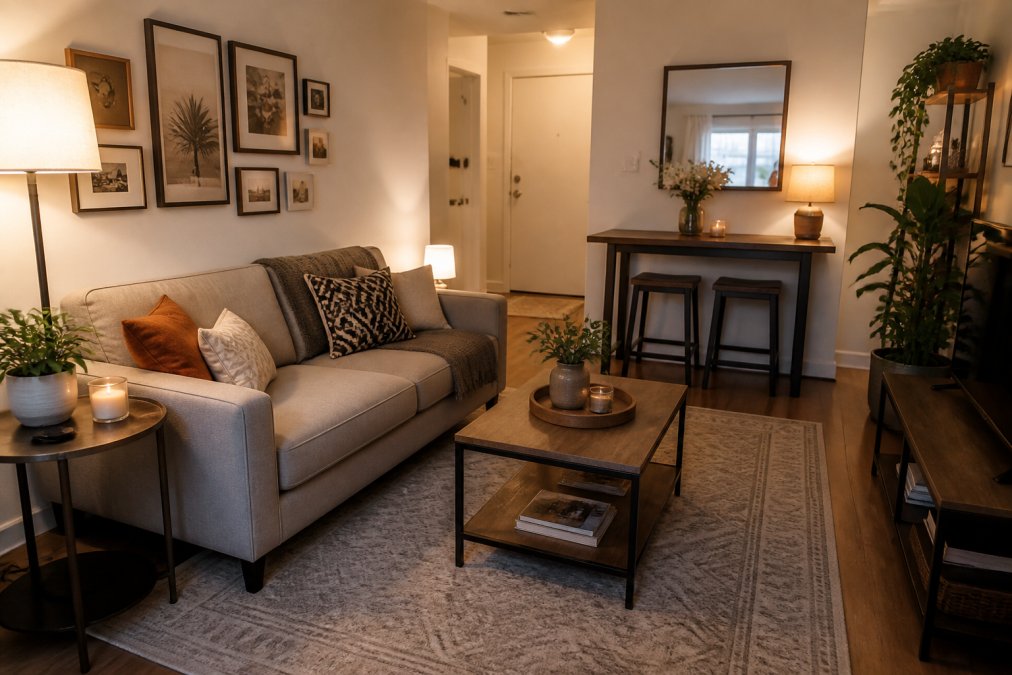 Cozy small apartment living room with multi-functional furniture arrangement, layered lighting from floor and table lamps, area rug defining the seating zone, and carefully curated wall decor creating visual interest without clutter
