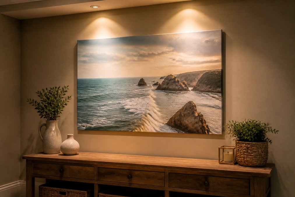 Une toile côtière exposée sur un mur neutre avec un éclairage d'appoint chaud venant du haut, créant une ambiance et mettant en valeur la texture et la couleur de l'œuvre d'art