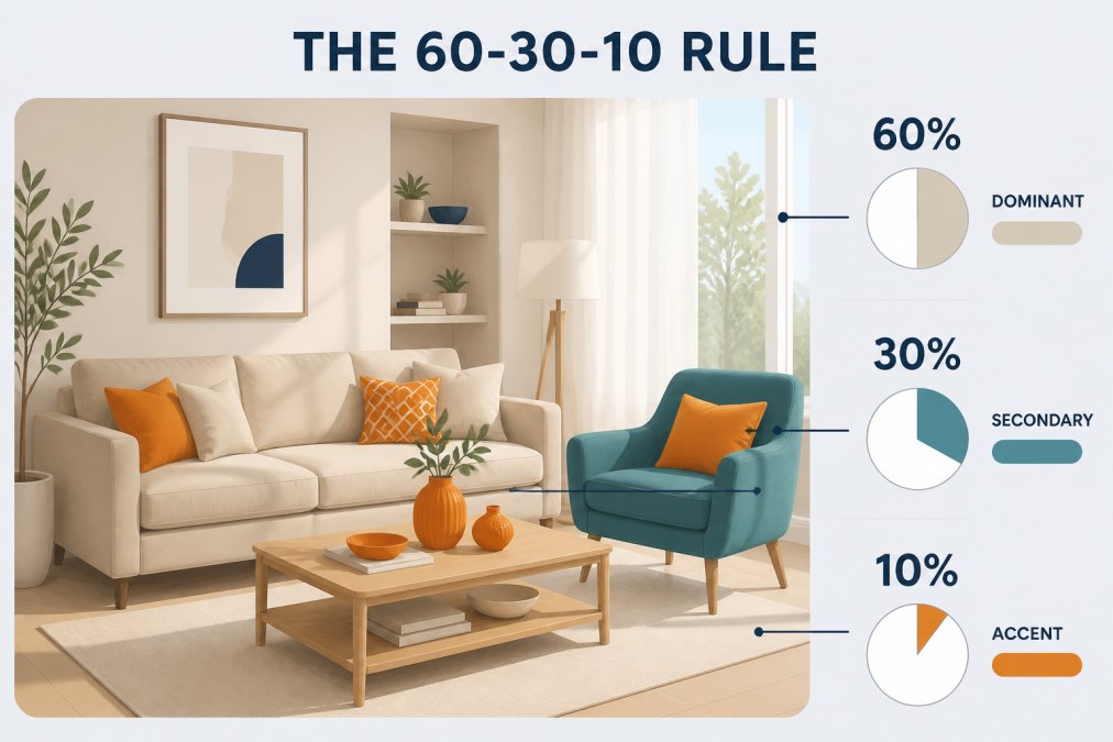 A bright, airy living room with a neutral beige sofa as the dominant 60% color, a teal armchair as the secondary tone, and small vibrant orange decorative accessories including vases and throw pillows arranged on a light wood coffee table, natural afternoon light coming through sheer curtains