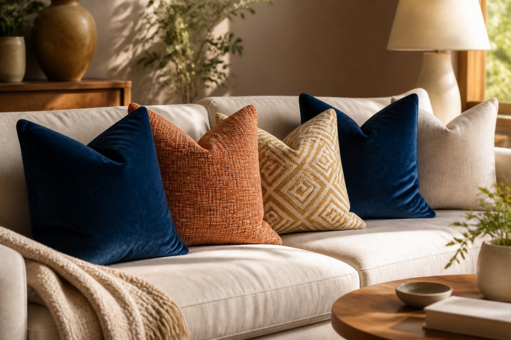Close-up of a light neutral linen sofa styled with five throw pillows in curated arrangement, two in deep cobalt velvet, one in a warm terracotta woven texture, one in a geometric mustard and cream print, and one in natural linen, photographed in warm afternoon light with soft shadows