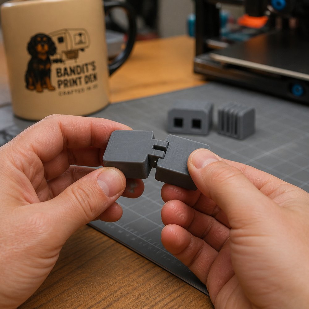 Close-up of hands holding two 3D-printed test pieces being fitted together, showing a successful snap-fit joint connection on a work surface