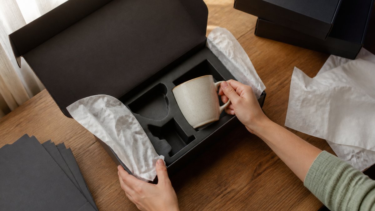 Overhead shot of hands assembling an open rigid gift box on a wooden table, with tissue paper, a custom insert, and a ceramic mug being placed inside, soft natural window light
