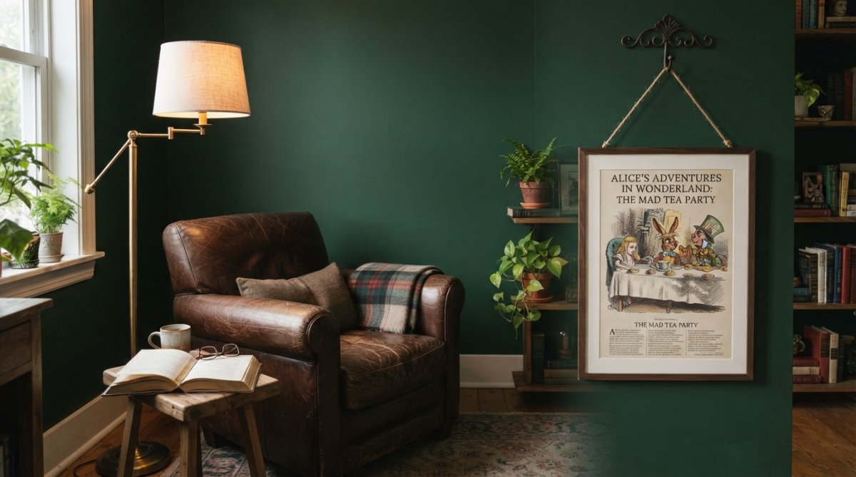A cozy reading nook with a worn leather armchair, a warm brass floor lamp casting light on an open book, and a framed Alice in Wonderland tea party poster hanging at eye level on a deep green wall