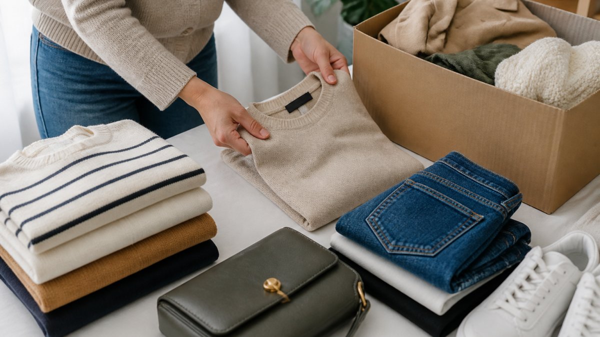 Hands carefully inspecting and folding a designer garment with visible brand label, organized donation items neatly arranged on a clean white surface