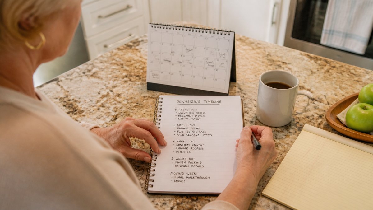 Homeowner reviewing a handwritten downsizing timeline on a kitchen counter with a calendar, coffee cup, and notebook visible