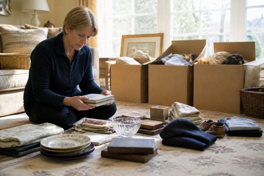 Homeowner sorting items into distinct piles on a living room floor, with labeled boxes for 'Keep,' 'Donate,' and 'Sell' arranged in the background, natural afternoon light streaming through windows