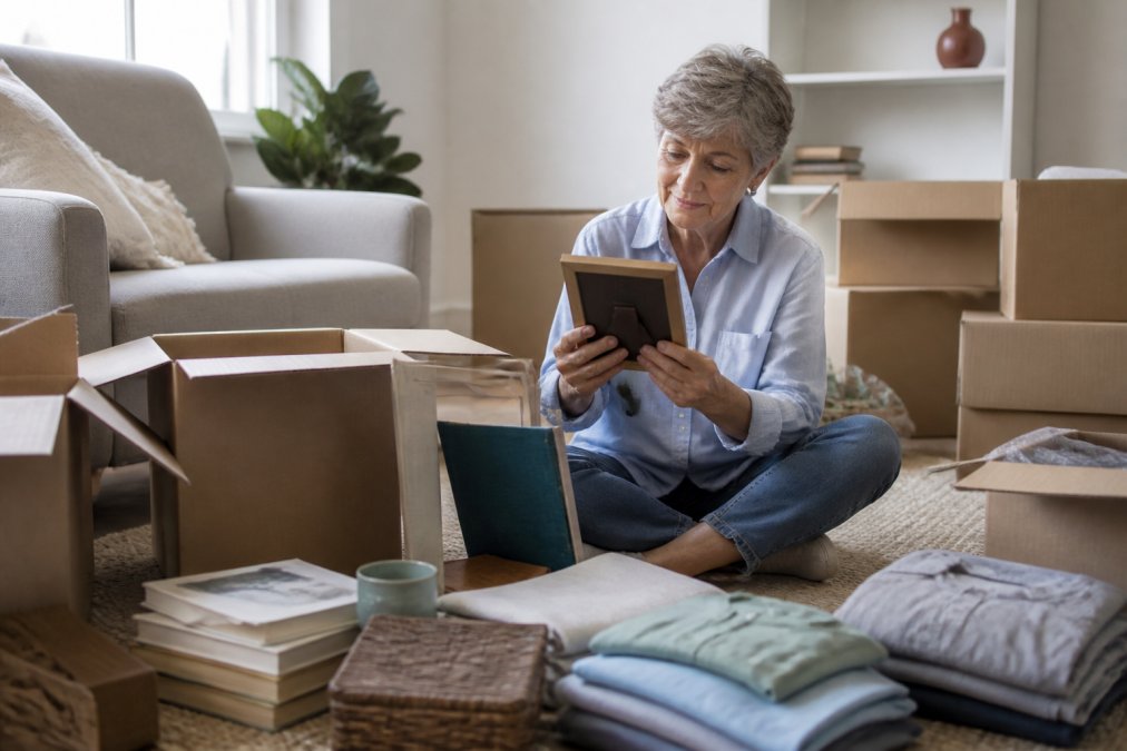 Person thoughtfully holding a framed photograph or sentimental item while sitting surrounded by organized boxes and piles in soft natural light, contemplative expression