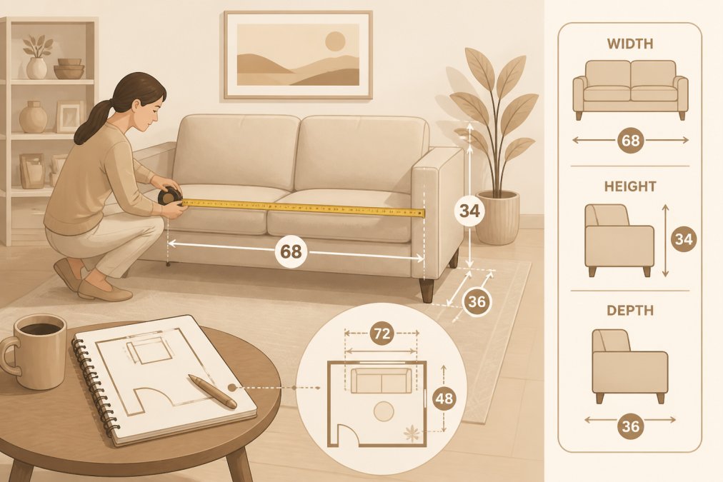 Person using a tape measure on a sofa in a bright living room, with a notebook and floor plan sketch visible on a side table
