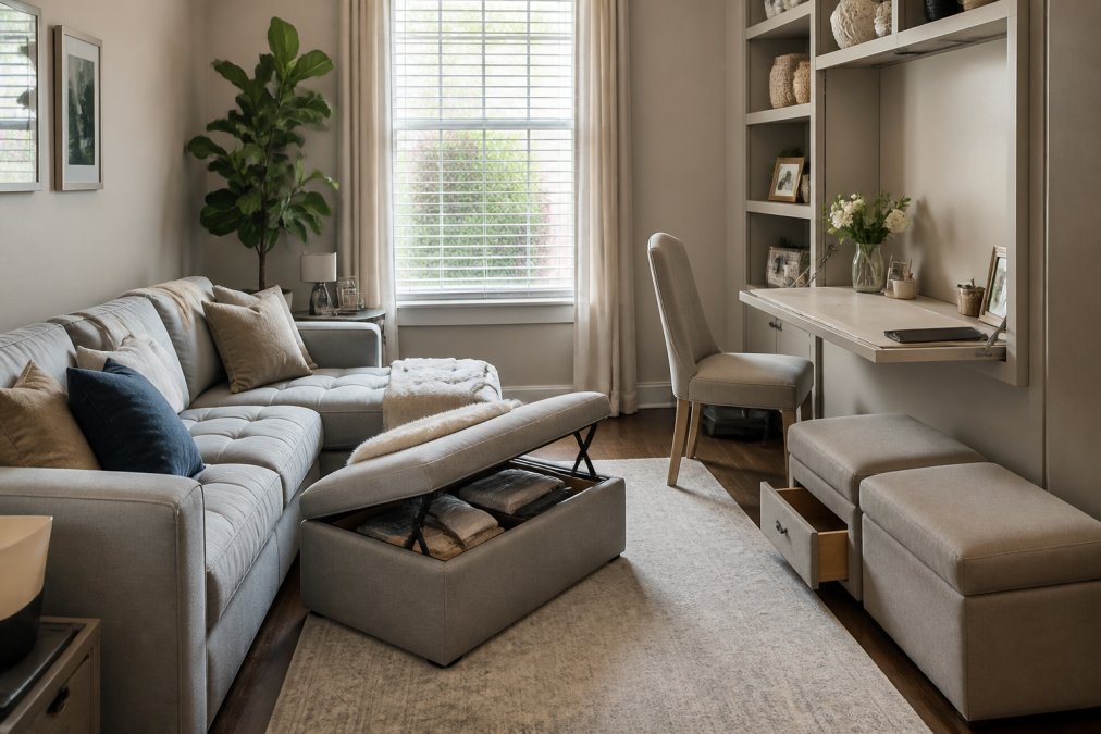 A compact living room showcasing a storage ottoman, murphy desk, and modular seating arrangement in a well-organized small space