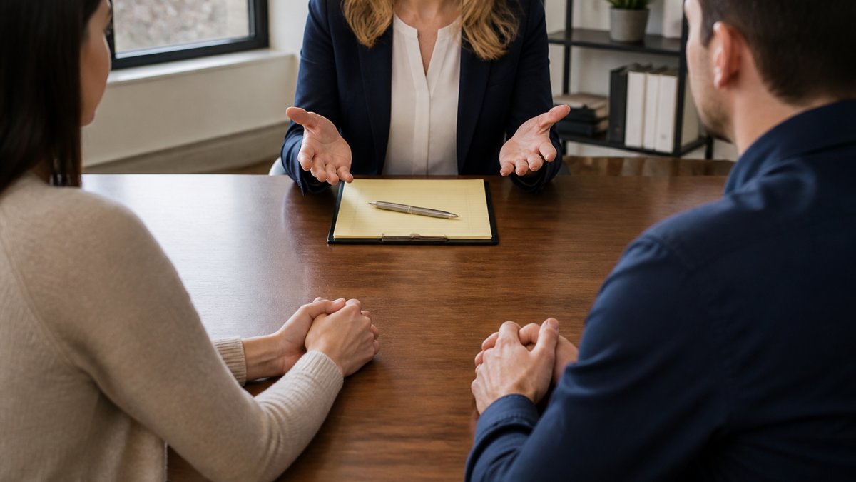 Divorced couple sitting at a table having a calm conversation during divorce mediation