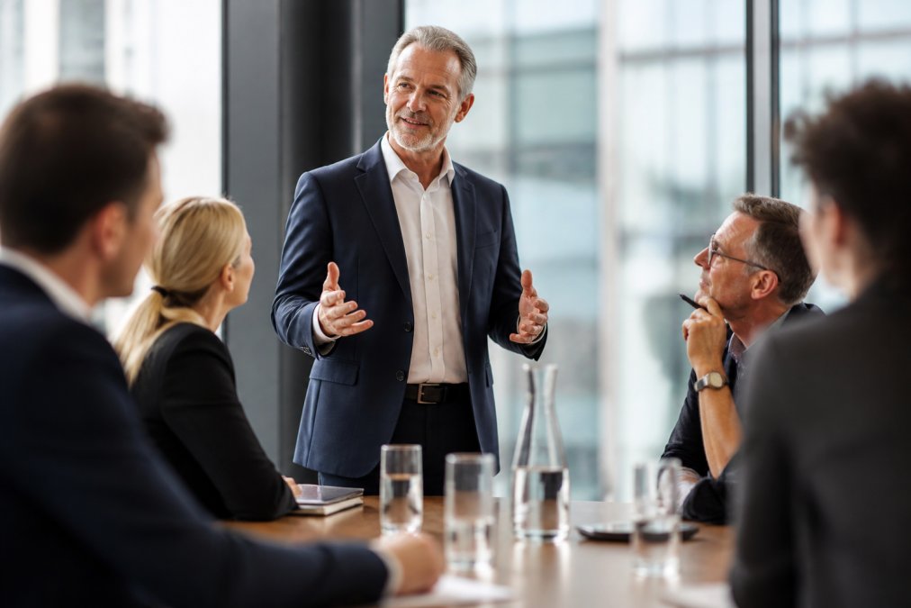 Confident professional using open gestures to share tips for engaging investors during presentations in a boardroom.