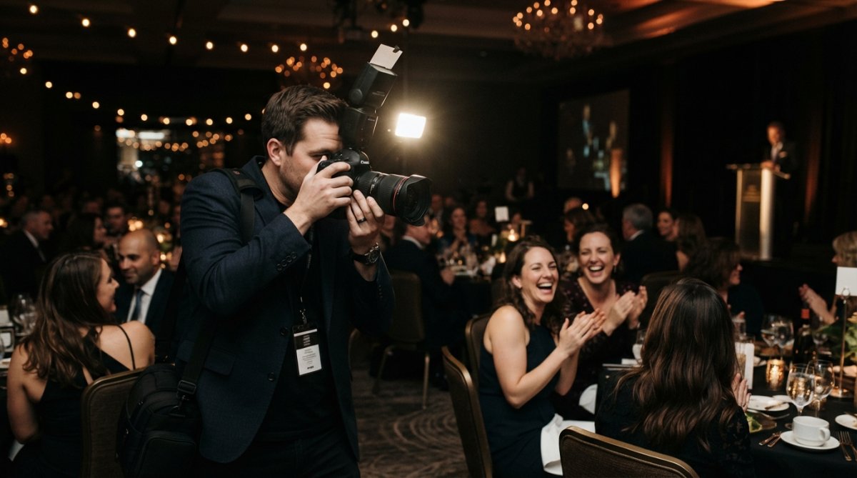 Professional illustration showing Photographer for event photography lighting