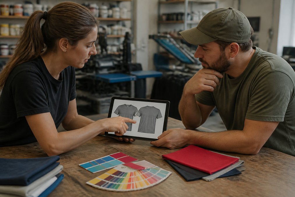 A designer and a client reviewing a printed apparel mockup on a tablet at a work table, with fabric swatches and a color chip fan nearby