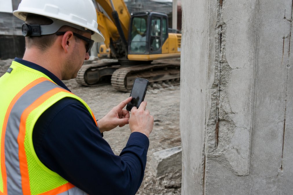 A field inspector in a hard hat and safety vest standing on a construction site, holding an Android smartphone and tapping the screen to capture a geotagged photo of a building defect, with construction equipment visible in the background
