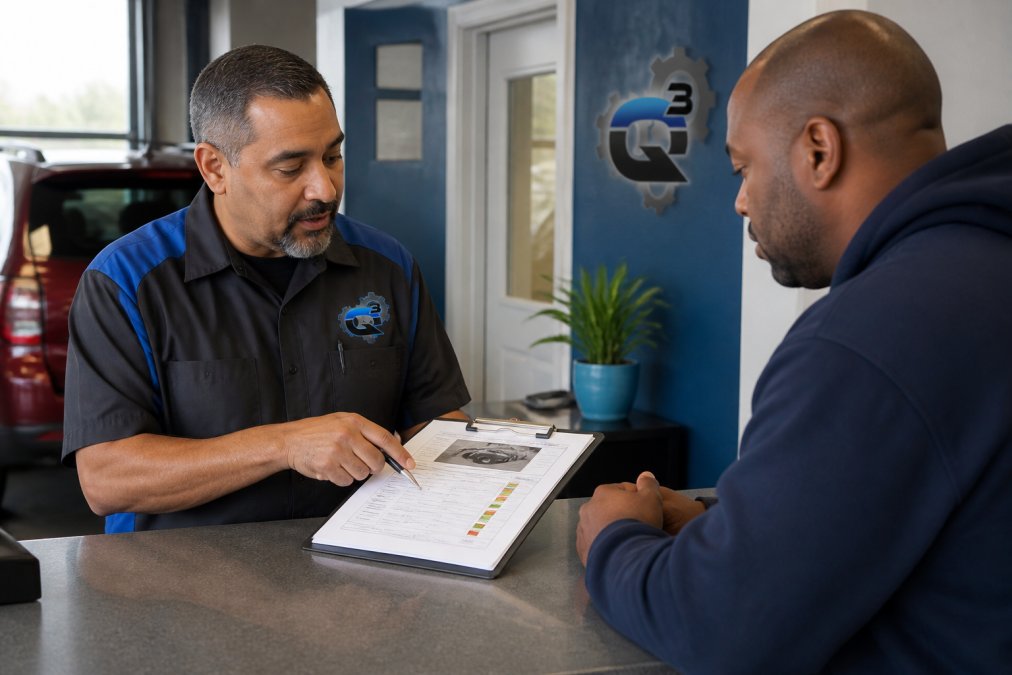A reliable local mechanic explains a vehicle inspection report to a customer at a service desk.