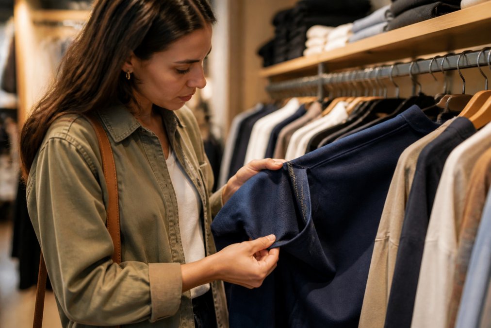 Shopper inspecting the quality of interior stitching and fabric on a garment hanging in a clothing store