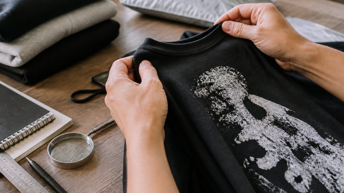 Close-up of hands inspecting a graphic t-shirt's print quality, stitching detail, and fabric texture under natural lighting