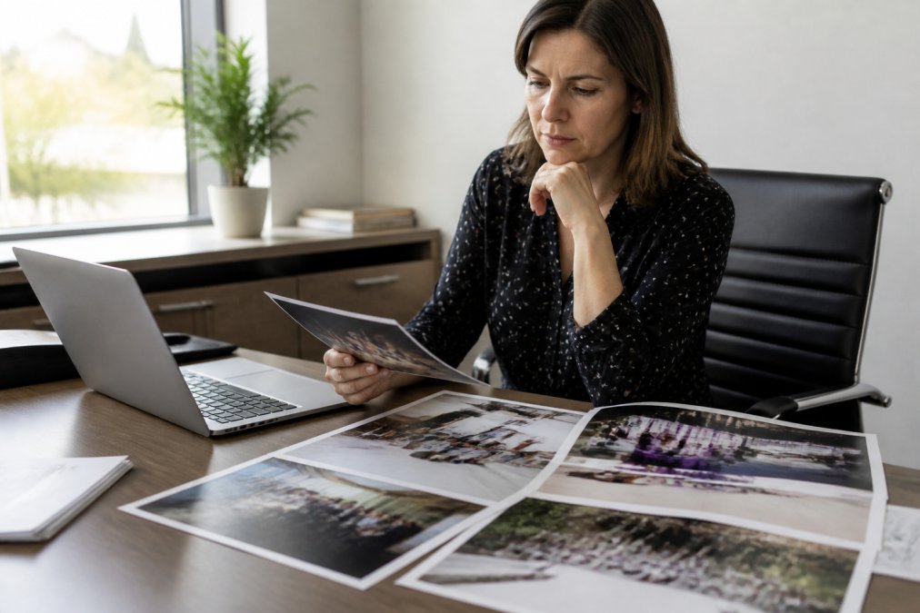 A marketing manager reviewing a photographer's online portfolio on a laptop, with printed event photos spread across a desk in a bright office