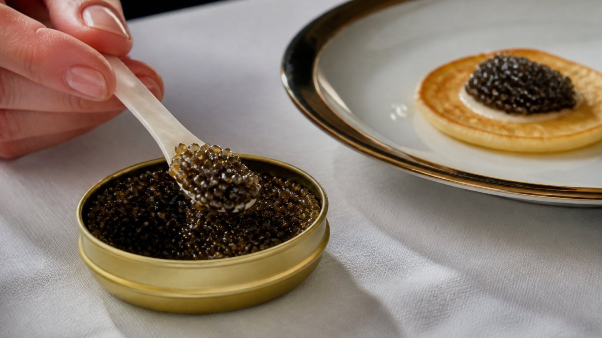 Close-up of a small mother-of-pearl spoon lifting glossy dark caviar beads from a tin, with a hand and tasting plate visible on a linen-covered table
