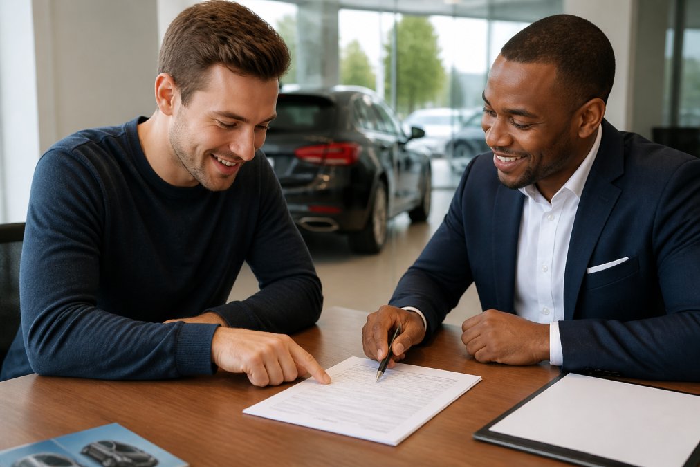 First-time car buyer sitting at a dealership desk reviewing paperwork with a friendly sales representative, both smiling and pointing at documents on the table