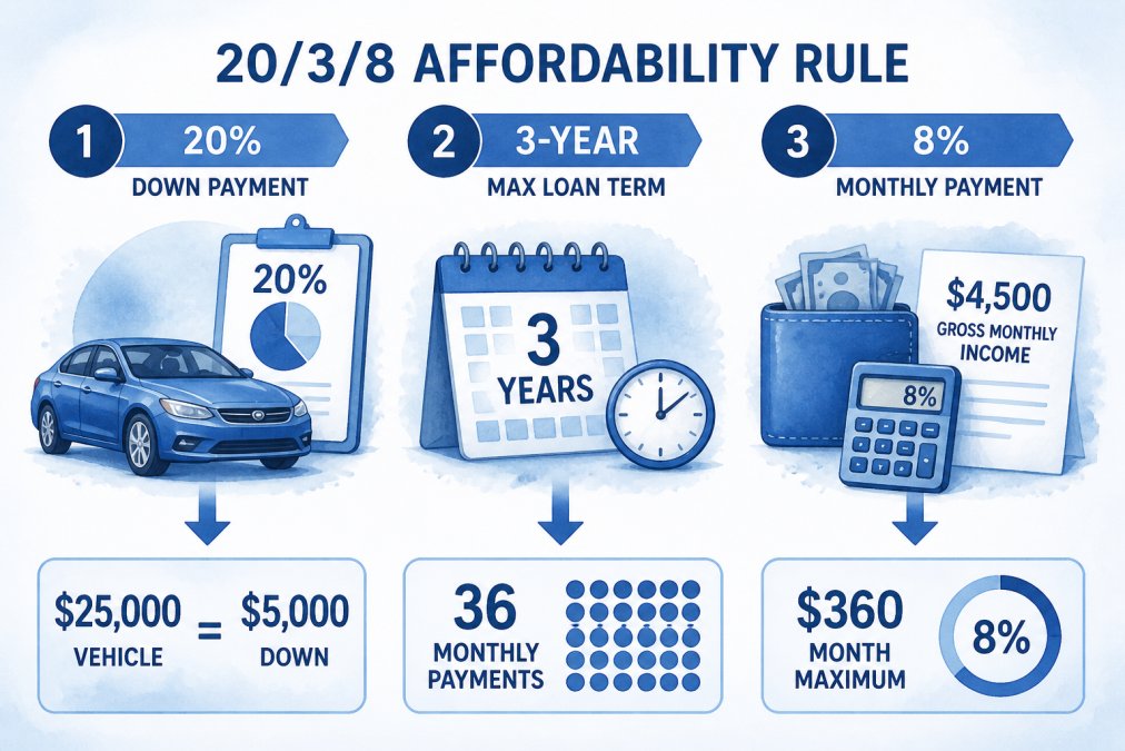 Watercolor-style diagram of the 20/3/8 affordability rule showing three labeled sections: 20% down payment arrow pointing to a $25,000 vehicle = $5,000 down; 3-year max loan term = 36 monthly payments; monthly payment capped at 8% of $4,500 gross monthly income = $360/month maximum