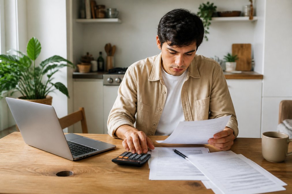 A young adult sitting at a kitchen table with a laptop open, reviewing financial documents and a calculator, looking focused and determined in warm natural light