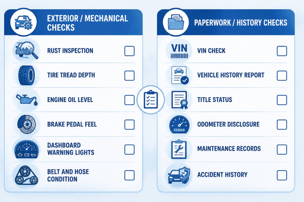 Watercolor-style checklist matrix with two columns: Exterior/Mechanical checks (rust inspection, tire tread depth, engine oil level, brake pedal feel, dashboard warning lights, belt and hose condition) vs. Paperwork/History checks (VIN check, vehicle history report, title status, odometer disclosure, maintenance records, accident history) with checkbox icons for each of the 10+ items