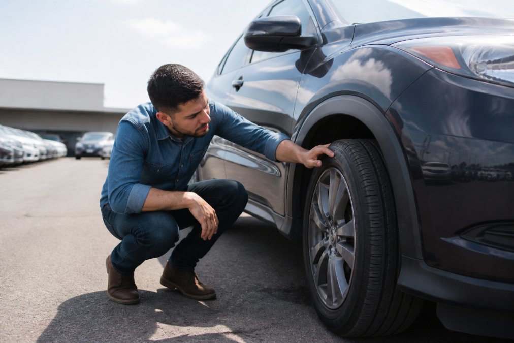 A person crouching beside a pre-owned SUV in a dealership parking lot, examining the tire tread and wheel well closely in bright natural daylight