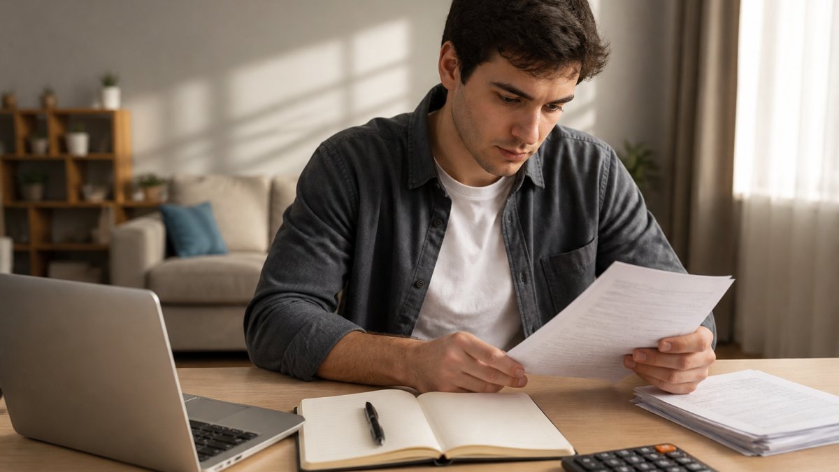 Young adult reviewing loan paperwork on a laptop, helpful for tips for first time car buyers with no credit
