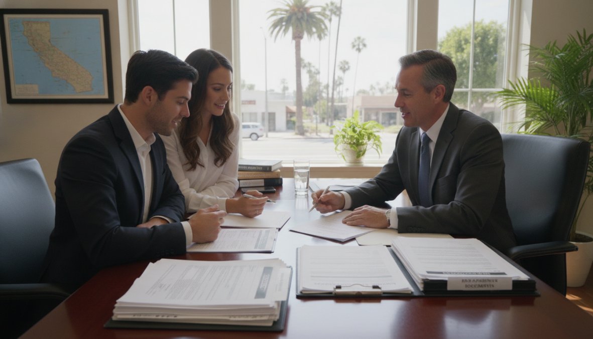 A first-time homebuyer couple sitting across a desk from a mortgage broker, reviewing loan documents together in a bright, professional office setting with warm natural light coming through large windows