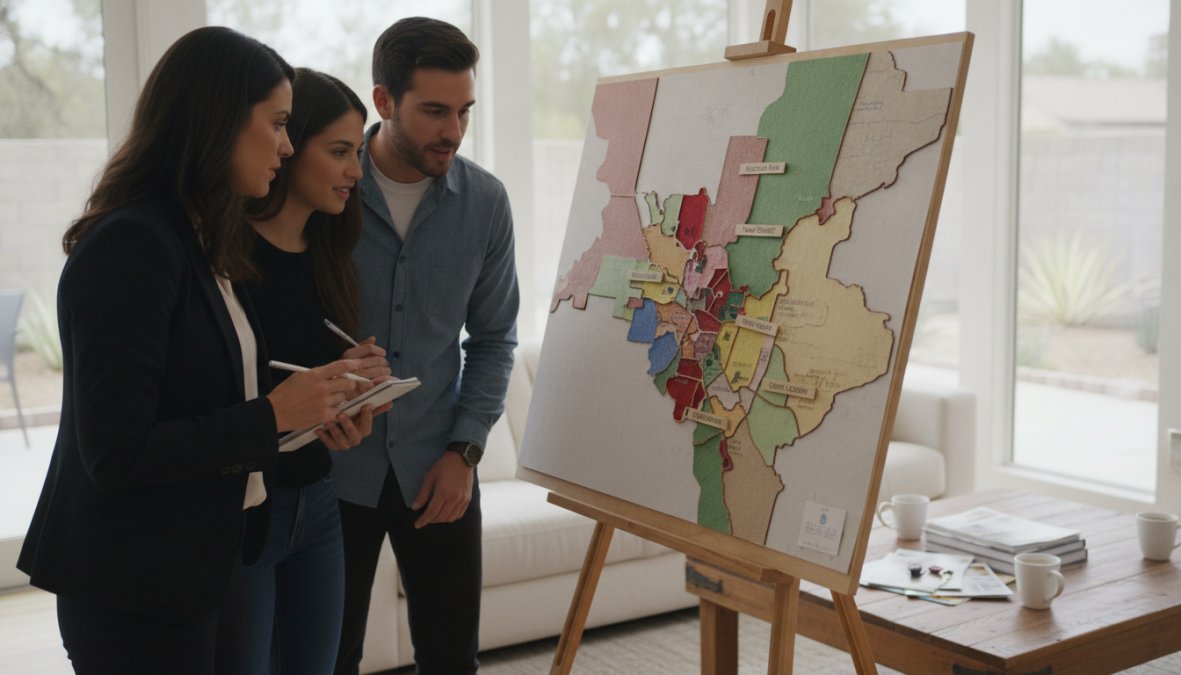 A real estate agent pointing to a neighborhood map of Fresno displayed on a tablet screen while a young couple listens attentively in a modern, well-lit home interior with neutral-toned walls
