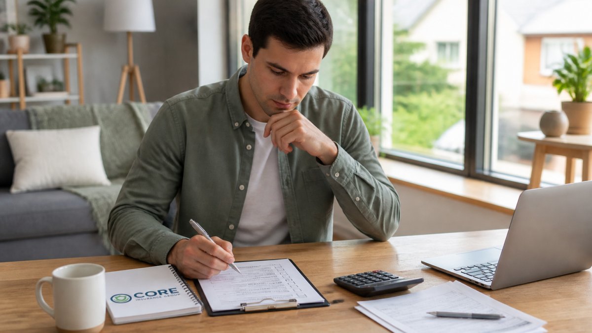 First-time homebuyer sitting at desk with documents, laptop, and checklist, reviewing home insurance information with focused expression in bright home office