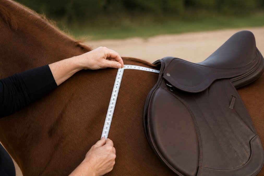 Close-up of hands measuring a horse's withers with a flexible measuring tape, showing proper placement on the horse's back with level ground visible beneath