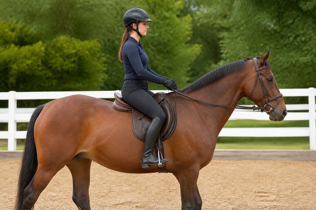 Rider seated in saddle on horse in arena, showing proper saddle position with clear shoulder rotation and balanced weight distribution