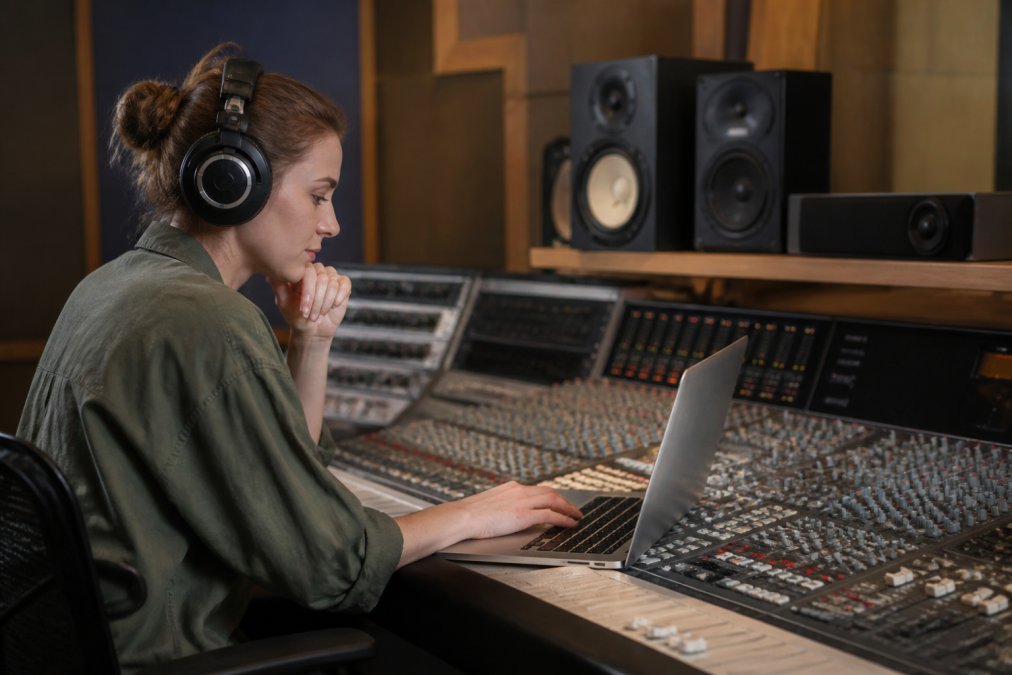 A music supervisor wearing professional studio headphones listens to tracks on a laptop, with a mixing console and monitor speakers visible in a modern recording studio