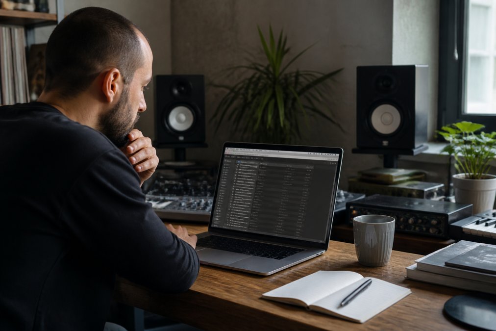 Music producer reviewing a demo submission while getting signed to Beatport labels at a home studio desk