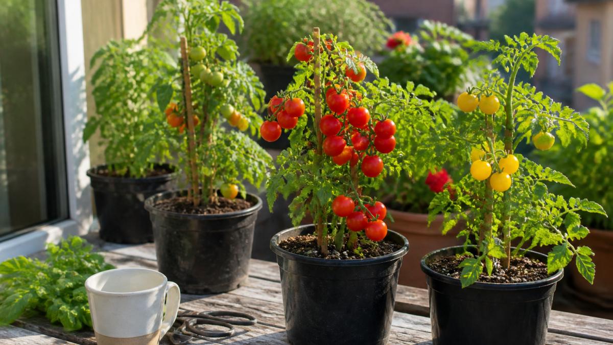 Infographic showing the growth stages of compact cherry tomato plants in small containers on a sunny balcony