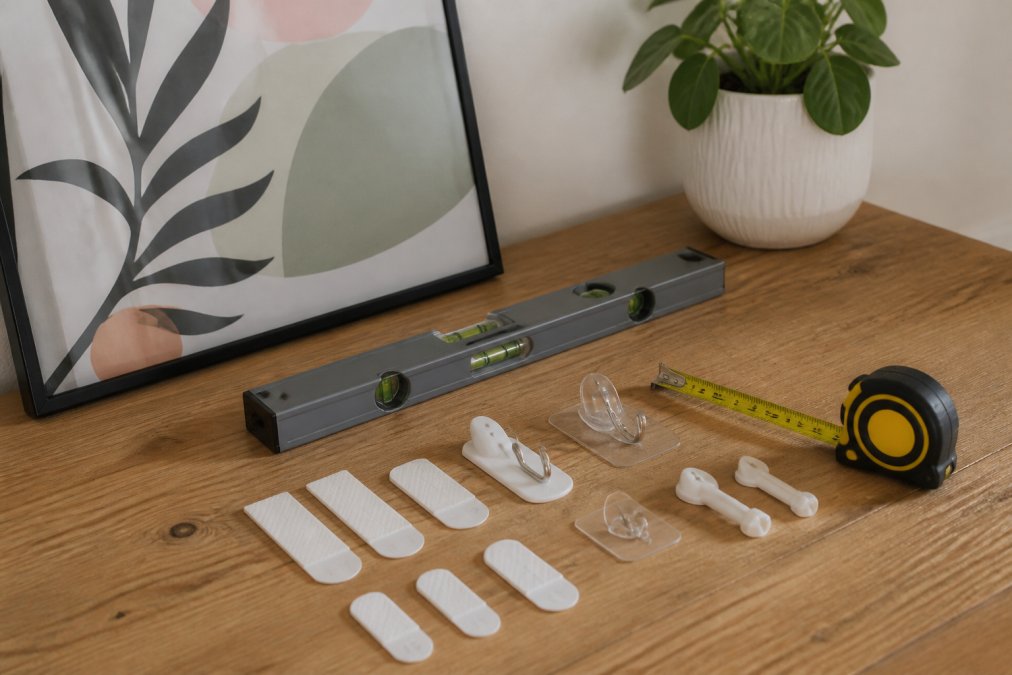 A neatly arranged collection of damage-free hanging tools on a wooden table: adhesive strips, hooks, a spirit level, and a measuring tape, with a framed art print leaning nearby